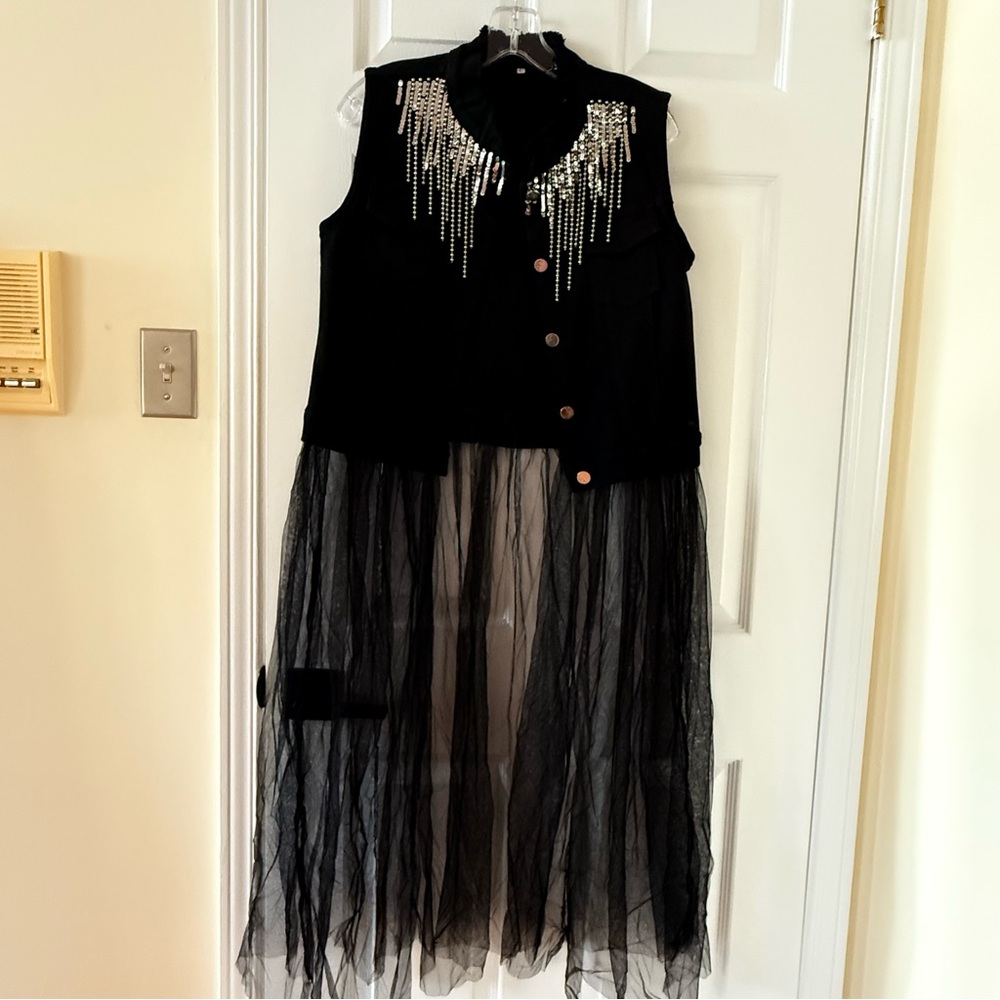Elegant Black Vest with Sheer Overlay and Embellishments